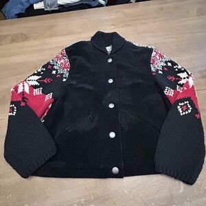 Coldwater Creek Jacket Womens Petite Small Black Suede Knit Fair Isle Nordic